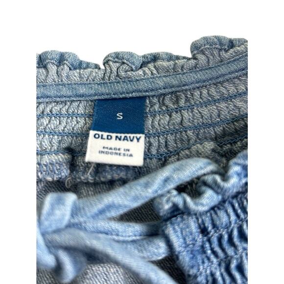 Old Navy Puff Sleeve Non-Stretch Jean Ruffle-Trimmed Poet Blouse Sz Small Denim - Picture 6 of 10